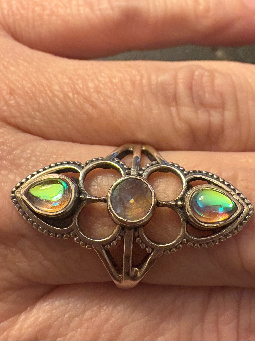 925 Sterling Silver Vintage-Inspired Iridescent Stone Adjustable Ring